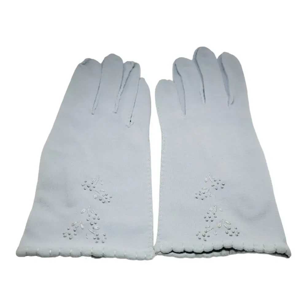 VAN RAALTE Vintage Nylon Size 6.5 Ladies Light Blue Embroidered‎ Women's Glove